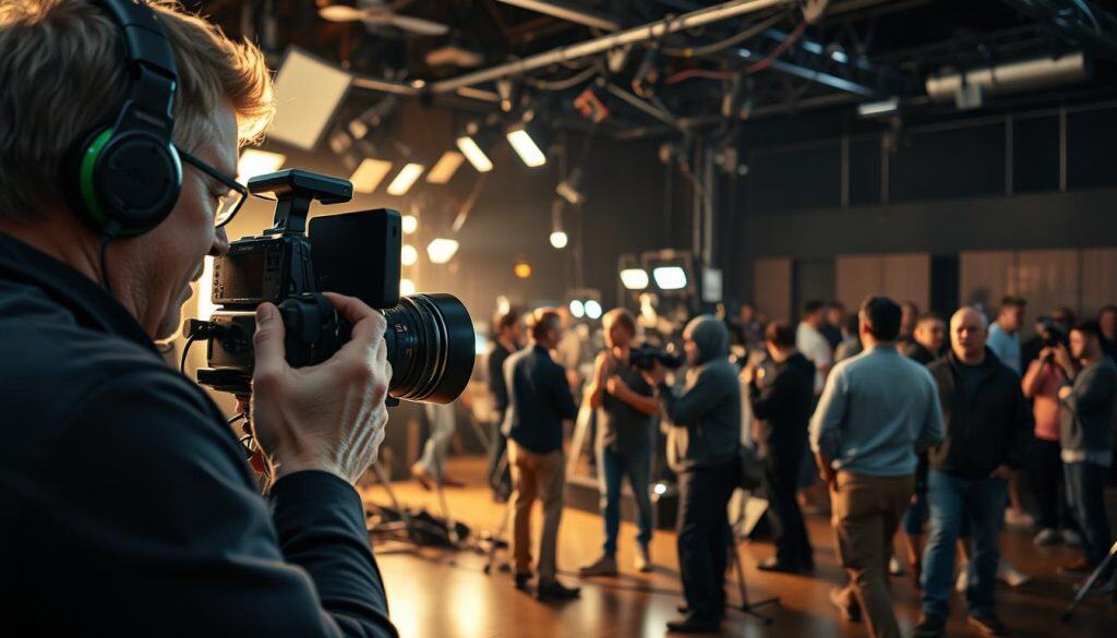 A cinematic scene showcasing the depth of experience in audiovisual production. In the foreground, a seasoned videographer operates a high-end camera, framing a subject with precise focus and intention. In the middle ground, a lighting crew meticulously arranges an array of professional-grade lights, casting a warm, cinematic glow. In the background, a bustling film set with a diverse crew, each member contributing their expertise to the creative process. The atmosphere is one of focus, collaboration, and a shared passion for the art of visual storytelling. Hyper-realistic photographic details capture the weight of the equipment, the texture of the fabrics, and the intensity of the expressions, conveying the professionalism and dedication inherent in the world of audiovisual production.