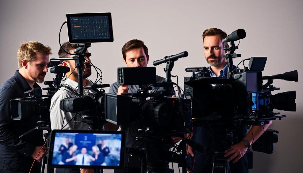 A crew of skilled video and audio specialists, surrounded by professional filming equipment, capturing a dynamic corporate event in a sleek and modern setting. Crisp lighting illuminates the scene, casting dramatic shadows and highlights that accentuate the intricate details of the production gear. The team members are intently focused, their expressions conveying a sense of expertise and determination as they collaborate to produce high-quality audiovisual content. The background features a clean, minimalist backdrop, allowing the equipment and the specialists to take center stage, showcasing their mastery of the craft.