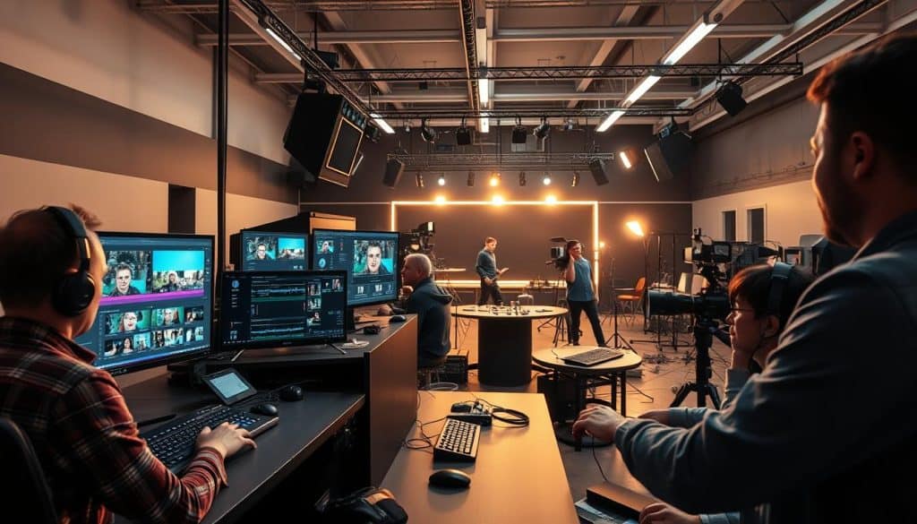 A high-definition, hyper-realistic photograph of a sophisticated video post-production workflow. In the foreground, a team of skilled editors manipulate professional video editing software on a bank of high-resolution monitors. The middle ground showcases various stages of the process, including color grading, audio mixing, and visual effects. In the background, a modern, well-equipped studio with high-end cameras, lighting rigs, and other production equipment. The overall atmosphere conveys a sense of precision, creativity, and technical mastery, reflecting the key stages in the audiovisual transformation.