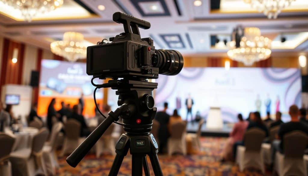 A high-quality corporate event recording setup, featuring a sleek and professional-looking camera on a sturdy tripod, positioned strategically to capture the event's key moments. The scene is illuminated by a balanced mix of natural and artificial lighting, creating a warm, inviting atmosphere. In the background, a carefully curated backdrop showcases the event's branding and visual identity, complementing the overall aesthetic. The entire setup exudes a sense of organization, attention to detail, and a commitment to delivering exceptional video content for the client.