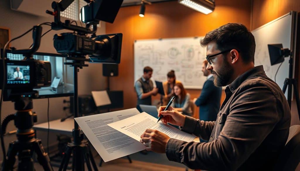 A high-tech studio with professional video equipment, including a camera on a tripod, a lighting setup, and a large computer monitor displaying a script. In the foreground, a talented scriptwriter is intently focused, pen in hand, carefully crafting the narrative. The middle ground features a team of creative collaborators, animatedly discussing storyboards and shot compositions. In the background, a wall-mounted whiteboard displays intricate diagrams and notes, showcasing the meticulous planning involved in the audiovisual production process. The lighting is warm and cinematic, adding depth and drama to the scene. The overall atmosphere conveys the excitement, dedication, and technical expertise required for developing high-quality audiovisual scripts.