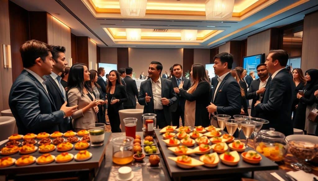 A luxurious corporate event space with warm lighting and sleek modern furnishings. In the foreground, a group of well-dressed business professionals engaged in lively conversation, their expressions conveying a sense of collaboration and connection. In the middle ground, a catering station offering an array of gourmet hors d'oeuvres and beverages, attended by attentive servers. The background features a minimalist stage setup, ready to host a keynote speaker or panel discussion. The overall atmosphere exudes professionalism, sophistication, and an air of productive yet relaxed energy.