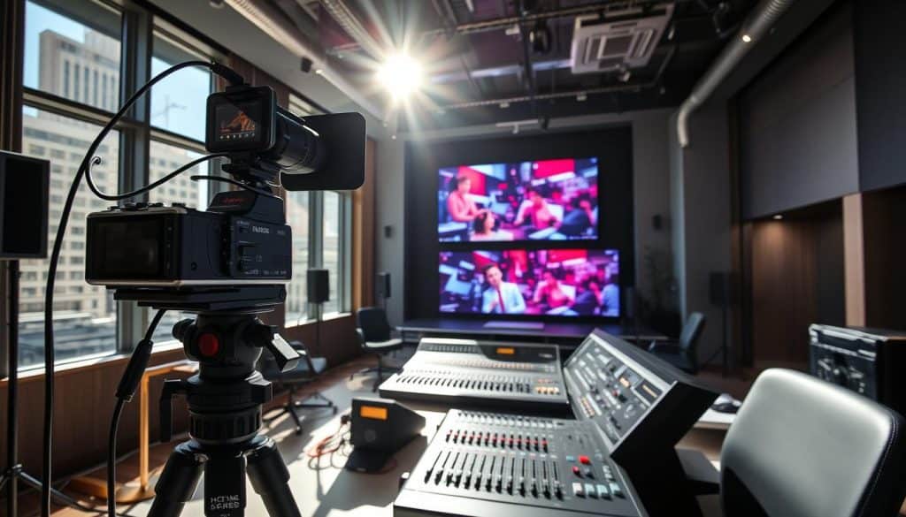 A modern recording studio in the heart of Bogotá, featuring cutting-edge audio and video equipment. Sunlight streams through large windows, illuminating the sleek metal and glass surfaces. In the foreground, a high-end camera on a tripod captures the action, its lens poised to record the live-streamed event. The middle ground showcases a professional-grade audio mixer, its knobs and sliders meticulously adjusted. In the background, a towering video screen displays vibrant, high-definition graphics, ready to project the conference proceedings to a global audience. The atmosphere exudes a sense of technological sophistication and avant-garde innovation, perfectly suited for the "La Tecnología y Equipos de Vanguardia" section of the article.