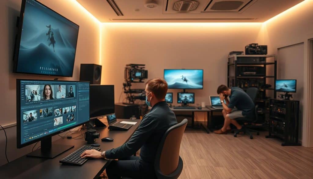 A modern, well-equipped post-production studio with professional-grade video editing workstations, high-resolution displays, and an array of industry-standard software tools. The space is bathed in warm, directional lighting that accentuates the sleek, minimalist design aesthetic. In the foreground, a cinematographer sits intently, meticulously reviewing and refining footage on a large central monitor, while their colleagues collaborate around smaller peripheral screens, making adjustments and finalizing the edit. The background reveals an organized equipment rack, housing the latest camera gear, audio interfaces, and other production hardware. An atmosphere of focused intensity pervades the scene, reflecting the team's dedication to delivering exceptional, high-quality post-production services for event videos.