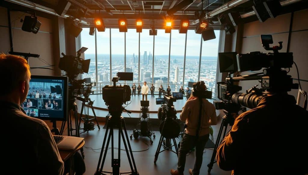 A multi-camera film production studio with professional lighting, cameras, and a control room. In the foreground, a director reviews footage on a large monitor, while crew members operate cameras and audio equipment. The middle ground showcases the stage with performers, captured from various angles by the cameras. In the background, a panoramic view of the city skyline is visible through the studio windows, creating a sense of scale and context. The scene is bathed in a warm, cinematic lighting that enhances the mood and atmosphere of the professional audiovisual production process.