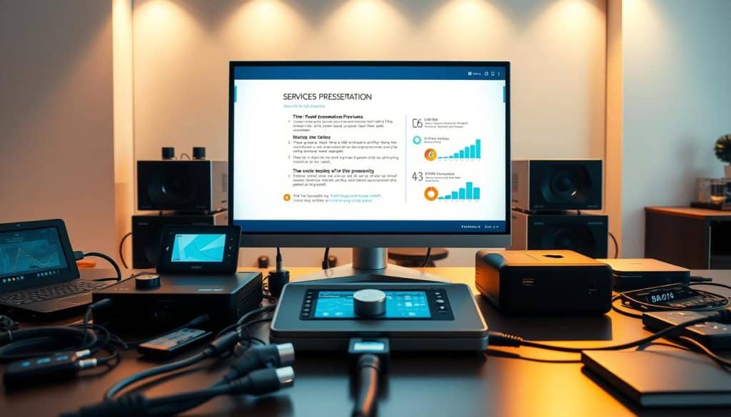 A pristine professional presentation displayed on a sleek digital device, surrounded by a dynamic array of technological devices and accessories. The scene is bathed in warm, directional lighting, casting subtle shadows and highlights that accentuate the sophisticated, high-tech atmosphere. The presentation's content is crisp, vibrant, and easily legible, reflecting the clarity and expertise of the digital services on offer. In the foreground, various input devices and cables suggest the seamless integration of digital tools, while the background showcases a minimalist, modern office setting that exudes a sense of efficiency and innovation. This hyper-realistic photographic image conveys the comprehensive and cutting-edge nature of the digital presentation services.