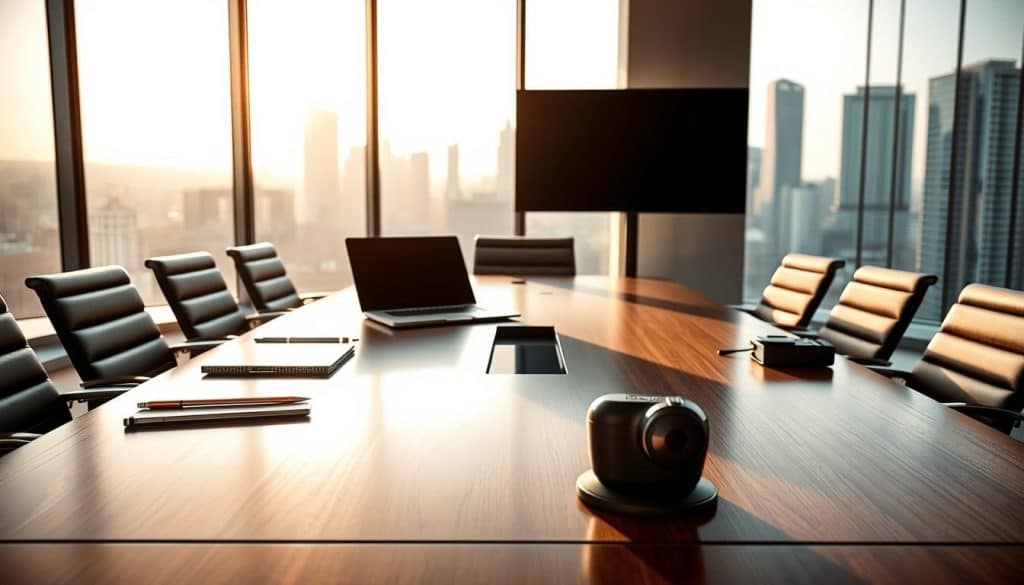 A professional business presentation on a sleek, modern conference table with a laptop, tablet, and office supplies neatly arranged. The room is bathed in warm, directional lighting, casting soft shadows and highlights on the polished wood and brushed metal surfaces. In the background, a minimalist, abstract cityscape can be seen through large windows, suggesting an urban, high-tech environment. The overall mood is one of efficiency, productivity, and attention to detail, reflecting the advantages of using a professional presentation service like PaloAltoPro.