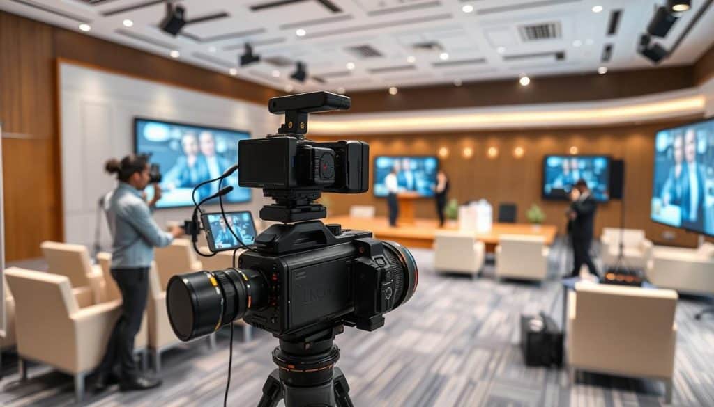A professional live streaming service setup with state-of-the-art video and audio equipment. The scene depicts a spacious, well-lit conference room with sleek, modern furniture. In the foreground, a high-quality camera on a tripod is focused on a presentation stage, capturing the speaker in crisp detail. Surrounding the stage are multiple microphones, lighting fixtures, and other broadcasting gear. The middle ground features a team of technicians closely monitoring the live feed and making adjustments as needed. In the background, large projection screens display the live stream, showcasing the event to a virtual audience. The overall atmosphere is one of professionalism, efficiency, and technological sophistication, creating an immersive and engaging viewing experience for the online attendees.