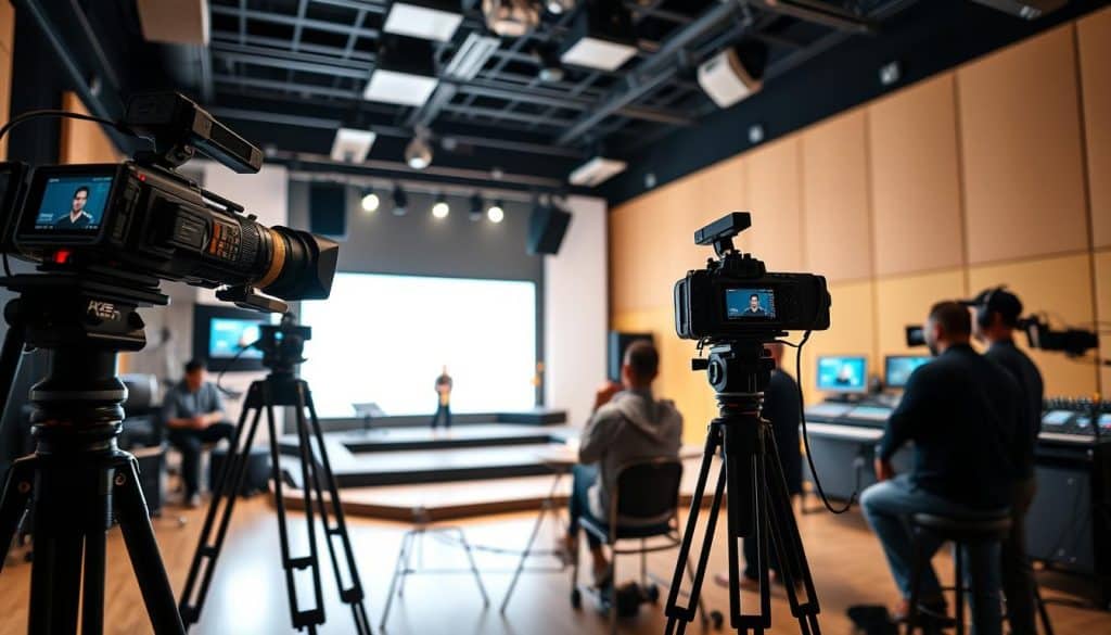A professional studio setting in Bogotá, Colombia, with state-of-the-art audio and video equipment. High-end cameras mounted on tripods capture the scene, their lenses focused on a central presentation area. Bright, even lighting bathes the space, creating a warm, inviting atmosphere. In the background, an array of production monitors and mixing consoles suggest the technical prowess of the team. The mood is one of focused intensity, as a team of seasoned videographers and technicians collaborate to deliver a flawless live streaming experience.