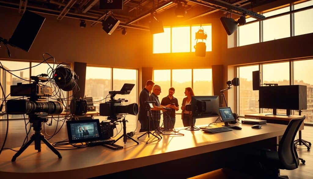 A sleek and modern video production studio, bathed in warm, golden lighting. The foreground features an array of high-end cameras, microphones, and other professional audiovisual equipment, meticulously arranged on a clean, minimalist workbench. In the middle ground, a team of skilled videographers and audio engineers collaborate, their faces focused and intent, as they meticulously craft a custom video production for a corporate client. The background showcases a vast, expansive space, with large windows allowing natural light to pour in, creating a sense of openness and creativity. The overall atmosphere exudes a sense of professionalism, expertise, and a dedication to delivering personalized, high-quality audiovisual services.
