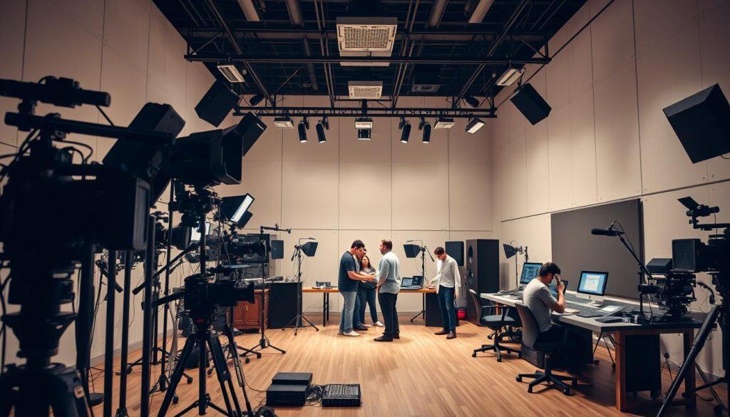 A state-of-the-art audio-visual production studio in Bogotá, Colombia. The foreground features a diverse array of professional-grade equipment - high-end cameras, lighting rigs, microphones, and sound mixing consoles. In the middle ground, a team of skilled technicians and creatives collaborate, overseeing the intricate setup and fine-tuning the gear. The background showcases a modern, well-equipped production space with sleek, minimalist design elements. Soft, diffused lighting creates a warm, inviting atmosphere, while strategic camera angles capture the technical prowess and creative energy of this world-class facility. Hyper realistic photographic quality.