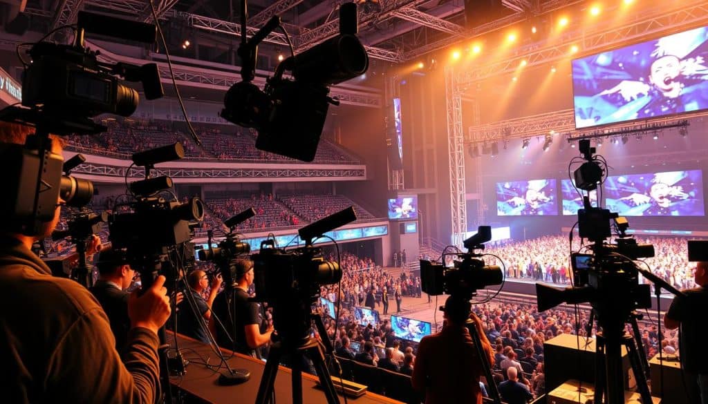 A state-of-the-art broadcasting setup captures the excitement of a professional event in Bogotá. In the foreground, a crew of technicians expertly operate a network of high-definition cameras, their lenses trained on the stage below. In the middle ground, a tangle of cables and equipment racks convey the complexity of the production, while large video screens display the live feed, showcasing the cutting-edge video technology at work. The background reveals the grand scale of the venue, its towering architecture and lighting rig creating a sense of energy and anticipation. The entire scene is bathed in a warm, cinematic glow, reflecting the skill and innovation behind the multicamera coverage of this professional spectacle.