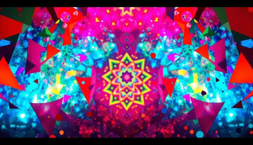 A striking visual transformation unfolds, blending abstract forms and vibrant hues. In the foreground, bold geometric shapes in rich colors dance across the frame, evoking a sense of movement and energy. The middle ground features a kaleidoscope of overlapping patterns, hinting at the seamless integration of diverse elements. In the background, a luminous, ethereal glow bathes the scene, creating an immersive atmosphere that transcends the physical realm. Dramatic lighting and a carefully curated lens angle emphasize the depth and dimensionality of this visually captivating composition, transforming ideas into a mesmerizing visual narrative.