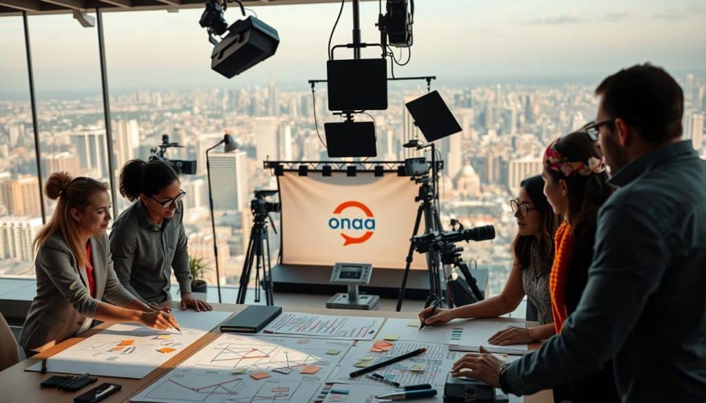 A vibrant and dynamic corporate video planning scene. In the foreground, a diverse team collaborates over a large table, sketching ideas on whiteboards and sticky notes. The middle ground features a sleek and modern video production setup, with cameras, lighting rigs, and a backdrop showcasing the brand's logo. In the background, a panoramic view of a bustling city skyline sets the stage for this creative endeavor. The lighting is warm and natural, capturing the energy and inspiration of the moment. A sense of forward-thinking innovation and strategic vision permeates the entire scene, reflecting the high-quality video production capabilities.
