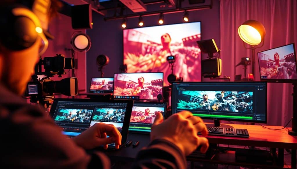 A vibrant and dynamic scene showcasing innovative video editing techniques. In the foreground, a skilled video editor manipulates various editing tools, their hands a blur of motion as they meticulously craft the video. The middle ground features a high-resolution display showcasing the video's progress, the footage rich in color and detail. In the background, an array of cutting-edge video production equipment, including cameras, lighting rigs, and a state-of-the-art workstation, all bathed in a soft, warm glow. The overall atmosphere is one of intense creative focus, with a sense of the energy and passion that goes into producing visually stunning video content. Hyper-realistic photographic quality captures every nuance of this innovative video editing process.
