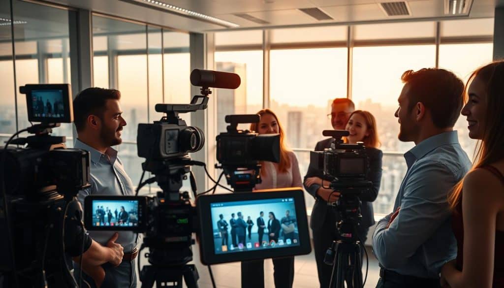 A vibrant corporate video scene with a sleek, modern office interior. In the foreground, a team of business professionals engrossed in a presentation, their expressions animated and engaged. Soft, directional lighting illuminates the scene, casting a warm, professional glow. The middle ground features state-of-the-art video recording equipment, cameras, and microphones, capturing the dynamic exchange. In the background, floor-to-ceiling windows offer a cityscape view, conveying a sense of urban sophistication. The overall atmosphere is one of productivity, collaboration, and the distinct benefits of high-quality corporate video production.