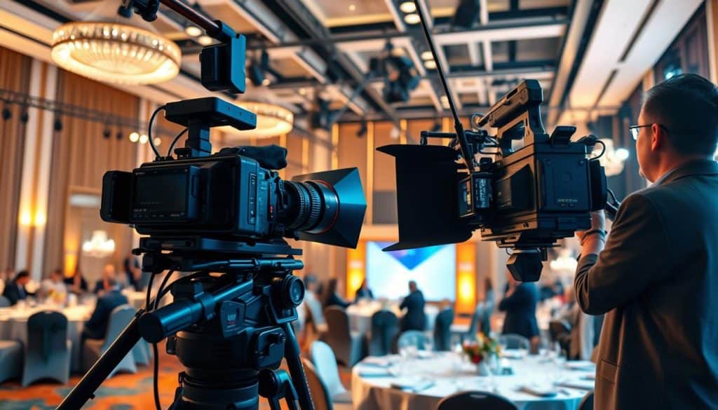 A vibrant, high-quality video production studio with professional camera equipment, lighting setups, and skilled videographers capturing the essence of a dynamic corporate event. Elegant table settings, smartly dressed attendees, and an inviting event space with modern architecture set the stage for a polished, well-choreographed event video. Warm, natural lighting casts a soft glow, highlighting the attention to detail and seamless execution of the videography team. The resulting footage conveys the authority, professionalism, and prestige of the corporate client, showcasing their commitment to excellence in all aspects of their events.