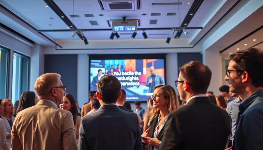 A vibrant, hyper-realistic scene of a modern corporate event. In the foreground, a group of professionals engaged in lively discussion, their expressions animated and their attire crisp. The middle ground features a large projection screen displaying an impactful video presentation, its visuals and messaging captivating the audience. The background showcases a sleek, contemporary event space with high ceilings, minimalist decor, and strategic lighting that creates a sense of sophistication and professionalism. The overall atmosphere conveys the power of video to inspire, inform, and engage in a business setting.