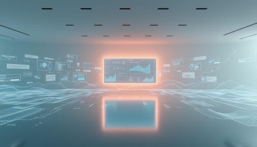 An expansive digital landscape, with a prominent presentation screen at the center, casting a soft, warm glow across the scene. Intricate data visualizations and sleek infographics float effortlessly, creating a captivating tapestry of information. The environment is minimalist, with clean lines and a subtle color palette, allowing the digital content to take center stage. Soft, directional lighting illuminates the presentation, creating depth and dimensionality. The camera angle is slightly elevated, providing an immersive, bird's-eye perspective that invites the viewer to explore the digital cobertura. Hyper-realistic photographic quality, with meticulous attention to detail, seamlessly blending the digital and physical realms.