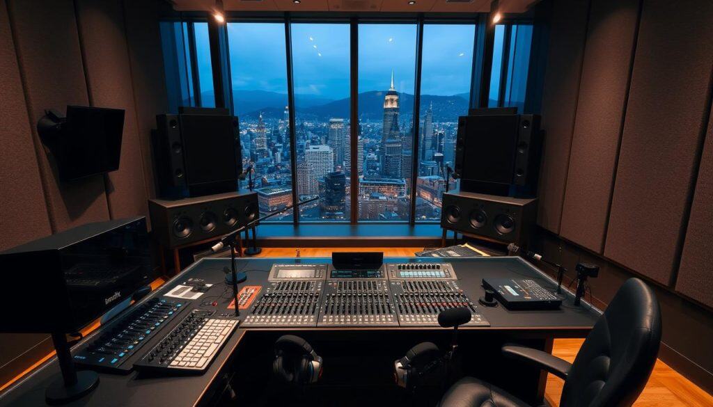 Professional recording studio equipment in a modern, well-lit production space. Sleek black audio consoles, microphones, and headphones arranged neatly on a glass-topped desk. Large, acoustically-treated walls create an immersive environment. Overhead lighting fixtures cast a warm, focused glow, illuminating the high-tech gear. In the background, a floor-to-ceiling window offers a panoramic view of a bustling city skyline. The scene conveys a sense of technical expertise, creative potential, and a commitment to audio excellence.